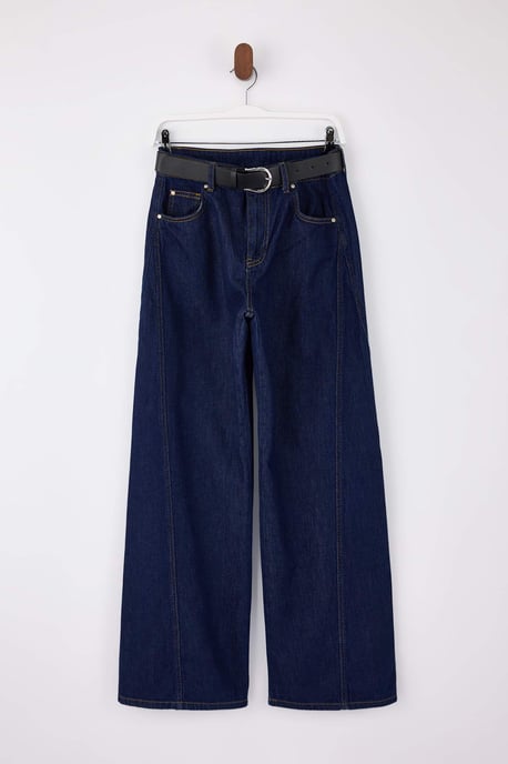 TRENDYOLMİLLA Damen Dunkelblau Einfarbig Weites Bein Normale Taille Jeans - Image 4