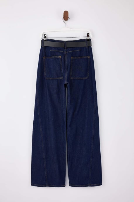 TRENDYOLMİLLA Damen Dunkelblau Einfarbig Weites Bein Normale Taille Jeans - Image 5