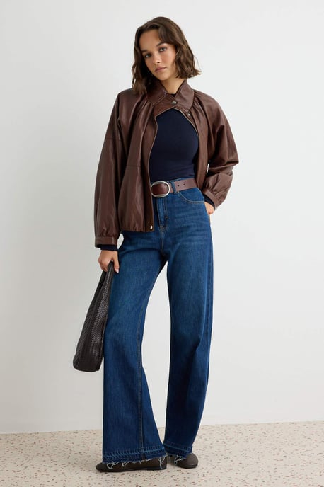 TRENDYOLMİLLA Damen Dunkelblau Einfarbig Weites Bein Hohe Taille Jeans - Image 1