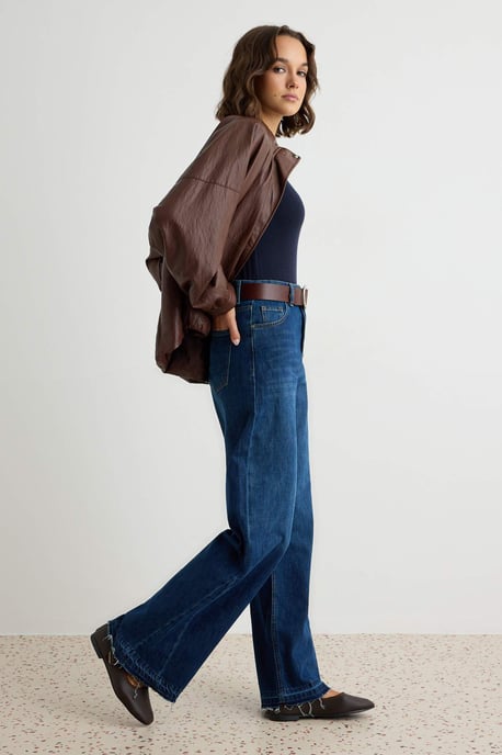 TRENDYOLMİLLA Damen Dunkelblau Einfarbig Weites Bein Hohe Taille Jeans - Image 4