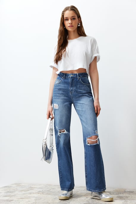 TRENDYOLMİLLA Damen Blau Einfarbig Weites Bein Hohe Taille Jeans - Image 4