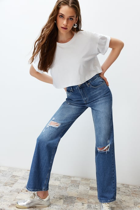 TRENDYOLMİLLA Damen Blau Einfarbig Weites Bein Hohe Taille Jeans - Image 5