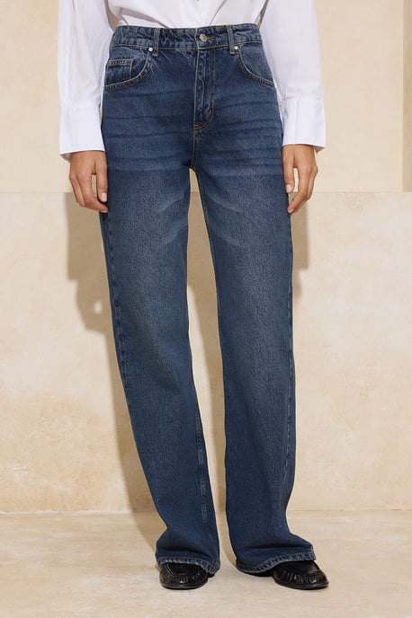TRENDYOLMİLLA Damen Dunkelblau Einfarbig Weites Bein Hohe Taille Jeans - Image 2