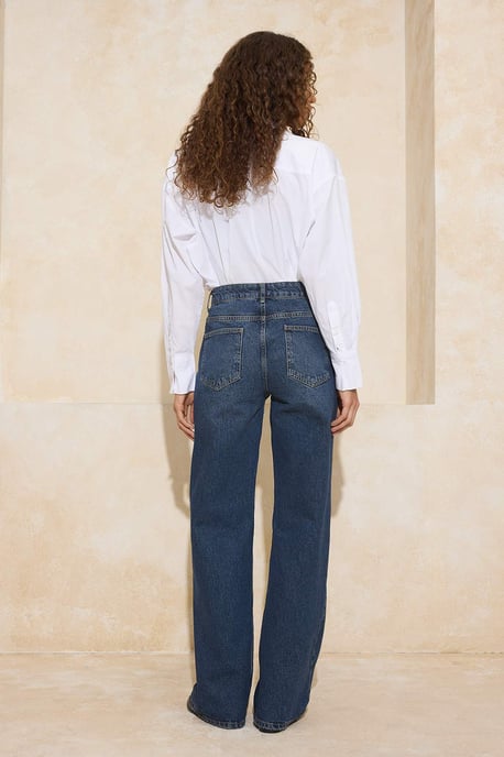 TRENDYOLMİLLA Damen Dunkelblau Einfarbig Weites Bein Hohe Taille Jeans - Image 3