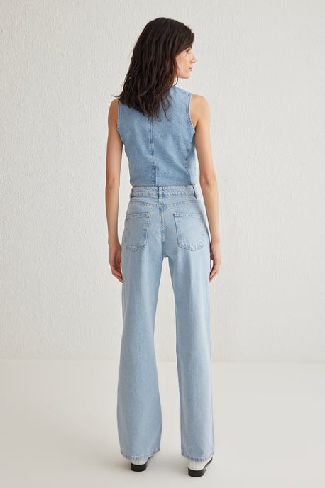 TRENDYOLMİLLA Damen Dunkelblau Geblümt Weites Bein Hohe Taille Jeans - Image 4