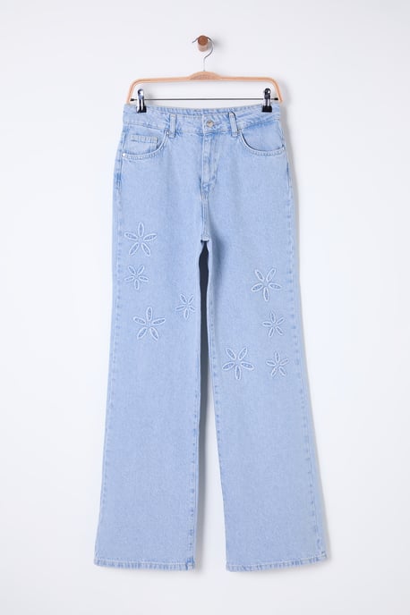 TRENDYOLMİLLA Damen Dunkelblau Geblümt Weites Bein Hohe Taille Jeans - Image 5