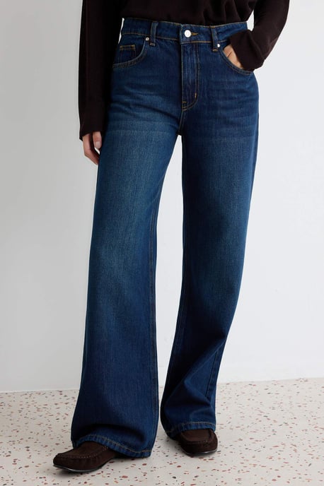 TRENDYOLMİLLA Damen Dunkelblau Einfarbig Weites Bein Tiefe Taille Jeans - Image 2