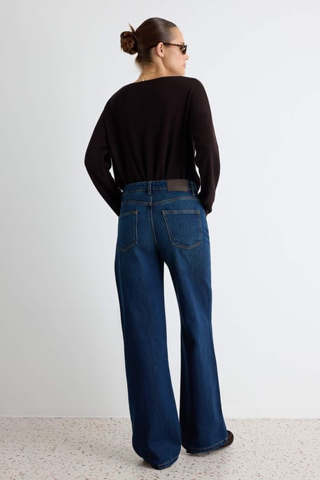 TRENDYOLMİLLA Damen Dunkelblau Einfarbig Weites Bein Tiefe Taille Jeans - Image 5