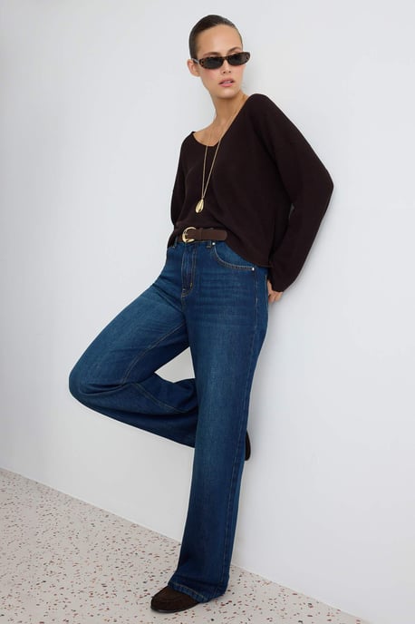 TRENDYOLMİLLA Damen Dunkelblau Einfarbig Weites Bein Tiefe Taille Jeans - Image 6