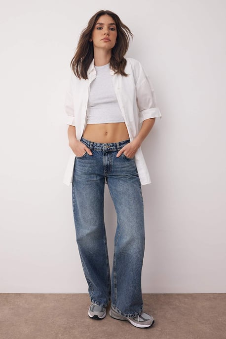 TRENDYOLMİLLA Damen Blau Einfarbig Weites Bein Tiefe Taille Jeans - Image 1