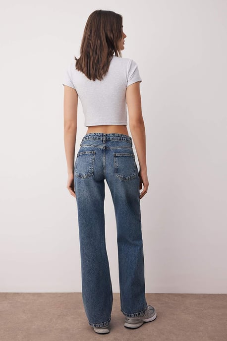 TRENDYOLMİLLA Damen Blau Einfarbig Weites Bein Tiefe Taille Jeans - Image 3