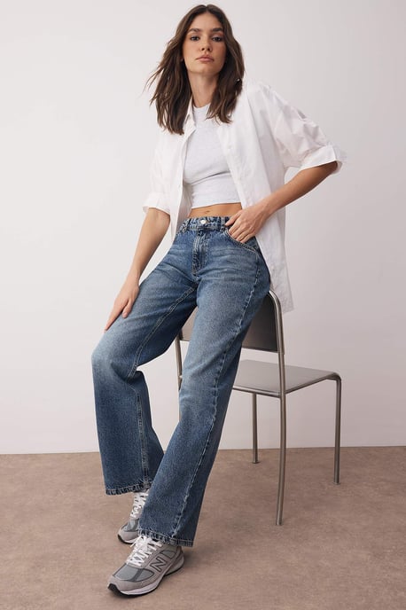TRENDYOLMİLLA Damen Blau Einfarbig Weites Bein Tiefe Taille Jeans - Image 4