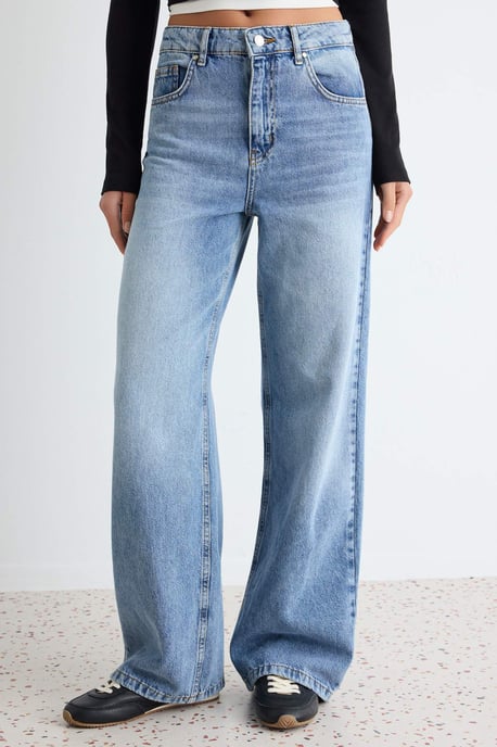 TRENDYOLMİLLA Damen Dunkelblau Einfarbig Weites Bein Hohe Taille Jeans - Image 2