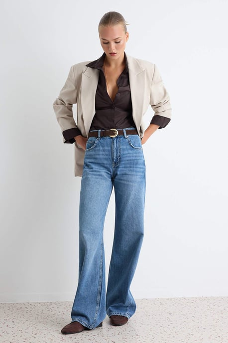 TRENDYOLMİLLA Damen Dunkelblau Einfarbig Weites Bein Hohe Taille Jeans - Image 1