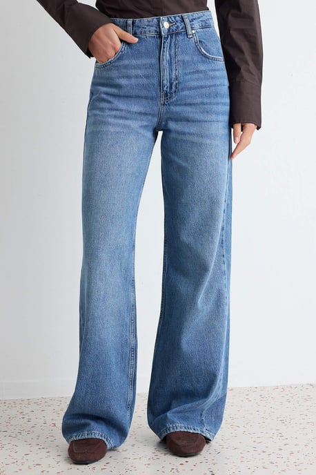 TRENDYOLMİLLA Damen Dunkelblau Einfarbig Weites Bein Hohe Taille Jeans - Image 2