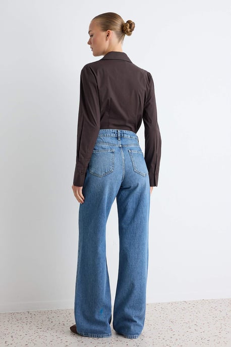 TRENDYOLMİLLA Damen Dunkelblau Einfarbig Weites Bein Hohe Taille Jeans - Image 3