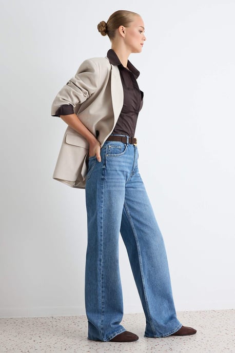 TRENDYOLMİLLA Damen Dunkelblau Einfarbig Weites Bein Hohe Taille Jeans - Image 4
