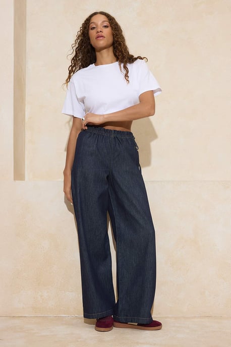 TRENDYOLMİLLA Damen Dunkelblau Einfarbig Weites Bein Hohe Taille Jeans - Image 1