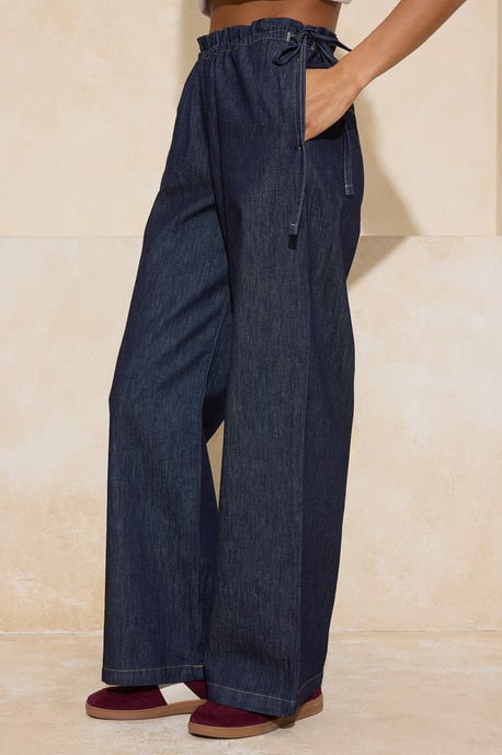 TRENDYOLMİLLA Damen Dunkelblau Einfarbig Weites Bein Hohe Taille Jeans - Image 2