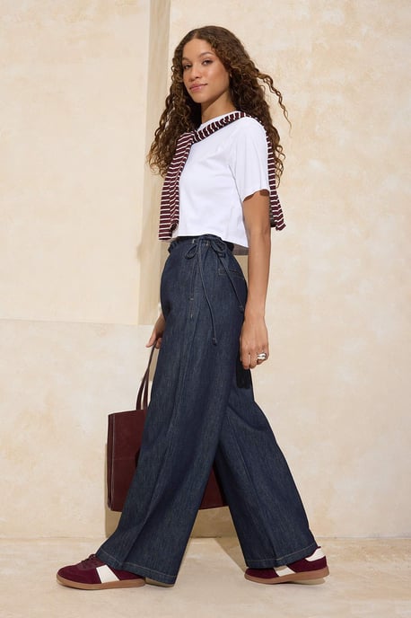 TRENDYOLMİLLA Damen Dunkelblau Einfarbig Weites Bein Hohe Taille Jeans - Image 6