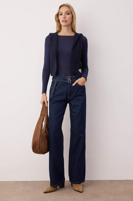 TRENDYOLMİLLA Damen Blau Einfarbig Weites Bein Hohe Taille Jeans - Image 1