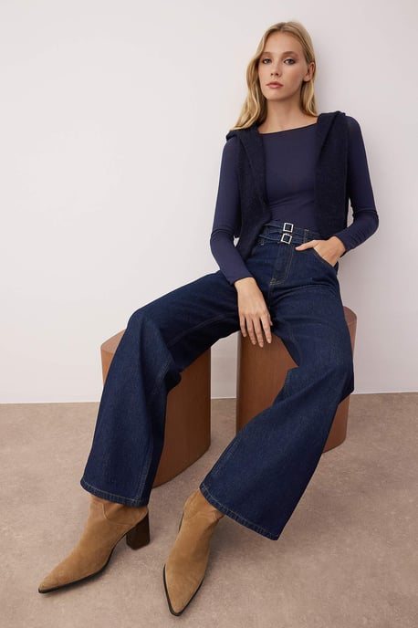 TRENDYOLMİLLA Damen Blau Einfarbig Weites Bein Hohe Taille Jeans - Image 4