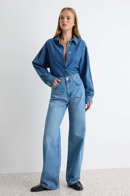 TRENDYOLMİLLA Damen Blau Einfarbig Weites Bein Hohe Taille Jeans - Image 6