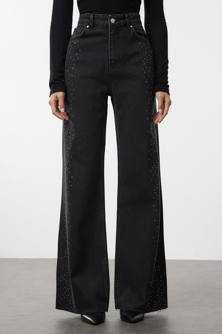 TRENDYOLMİLLA Damen Schwarz Einfarbig Weites Bein Hohe Taille Jeans - Image 2