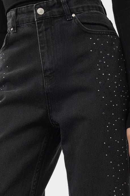 TRENDYOLMİLLA Damen Schwarz Einfarbig Weites Bein Hohe Taille Jeans - Image 3