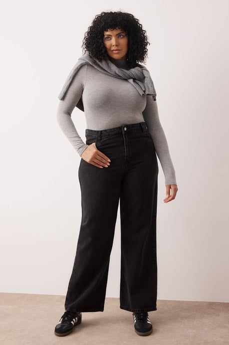 Trendyol Curve Damen Grau Einfarbig Weites Bein Hohe Taille Große Größen Jeans - Image 1