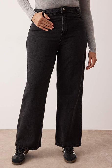 Trendyol Curve Damen Grau Einfarbig Weites Bein Hohe Taille Große Größen Jeans - Image 2