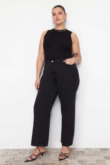 Trendyol Curve Damen Grau Einfarbig Weites Bein Hohe Taille Große Größen Jeans - Image 4