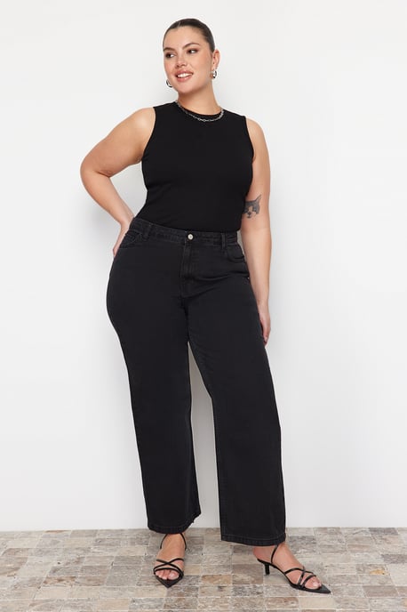 Trendyol Curve Damen Grau Einfarbig Weites Bein Hohe Taille Große Größen Jeans - Image 5