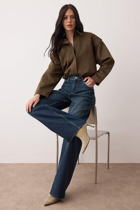 TRENDYOLMİLLA Damen Dunkelblau Einfarbig Weites Bein Hohe Taille Jeans - Image 1