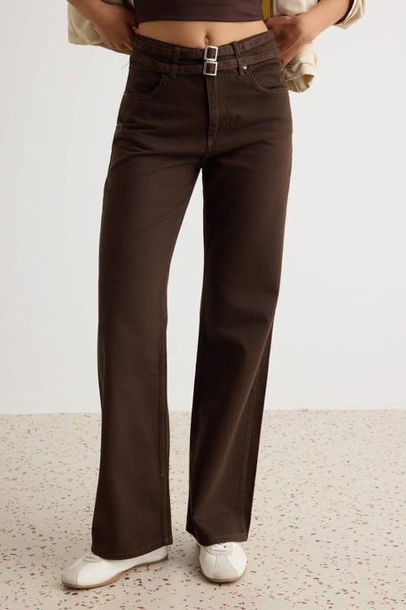 TRENDYOLMİLLA Damen Braun Einfarbig Weites Bein Hohe Taille Jeans - Image 2