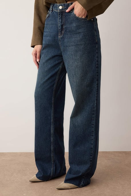 TRENDYOLMİLLA Damen Dunkelblau Einfarbig Weites Bein Hohe Taille Jeans - Image 2