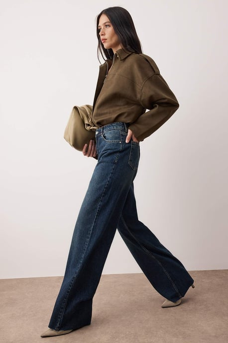 TRENDYOLMİLLA Damen Dunkelblau Einfarbig Weites Bein Hohe Taille Jeans - Image 4