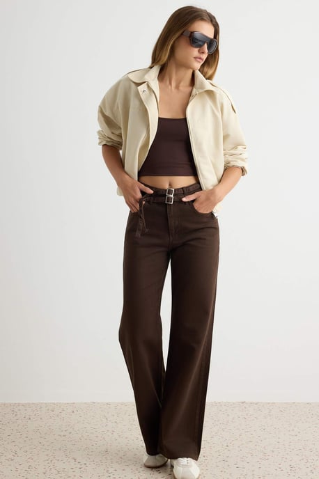 TRENDYOLMİLLA Damen Braun Einfarbig Weites Bein Hohe Taille Jeans - Image 6
