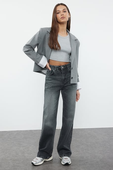 TRENDYOLMİLLA Damen Grau Einfarbig Weites Bein Hohe Taille Jeans - Image 1