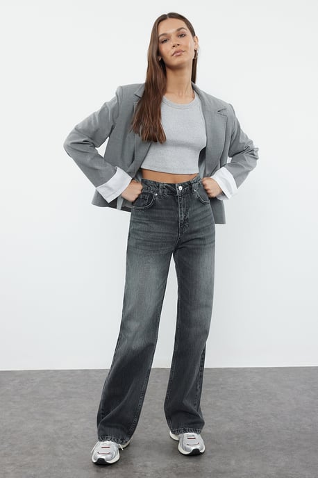 TRENDYOLMİLLA Damen Grau Einfarbig Weites Bein Hohe Taille Jeans - Image 5