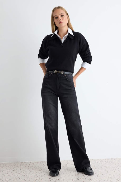 TRENDYOLMİLLA Damen Schwarz Einfarbig Weites Bein Hohe Taille Jeans - Image 1
