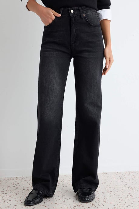 TRENDYOLMİLLA Damen Schwarz Einfarbig Weites Bein Hohe Taille Jeans - Image 2