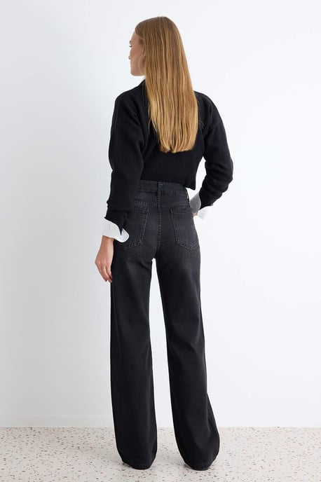 TRENDYOLMİLLA Damen Schwarz Einfarbig Weites Bein Hohe Taille Jeans - Image 3