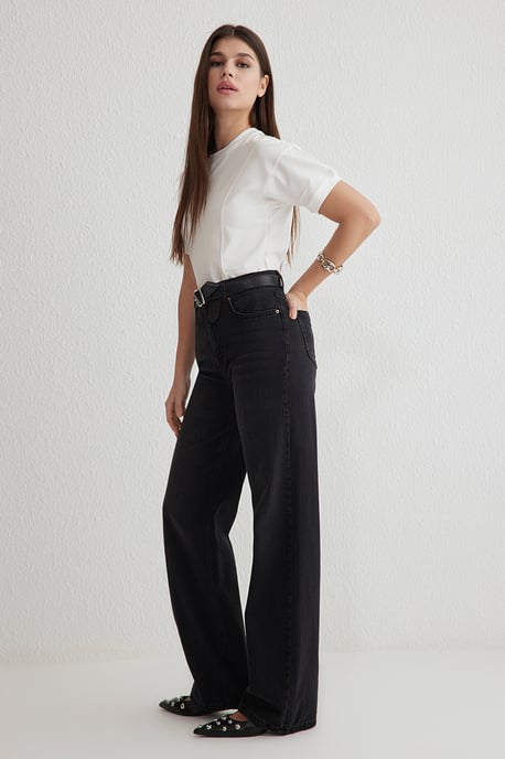 TRENDYOLMİLLA Damen Schwarz Einfarbig Weites Bein Hohe Taille Jeans - Image 5