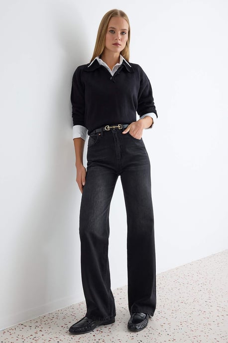 TRENDYOLMİLLA Damen Schwarz Einfarbig Weites Bein Hohe Taille Jeans - Image 6