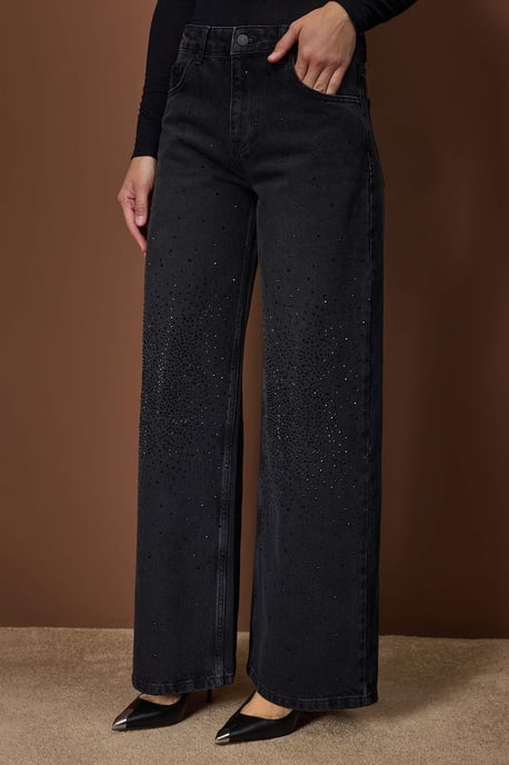 TRENDYOLMİLLA Damen Schwarz Einfarbig Weites Bein Normale Taille Jeans - Image 2