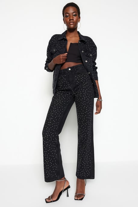 TRENDYOLMİLLA Damen Schwarz Einfarbig Weites Bein Hohe Taille Jeans - Image 2