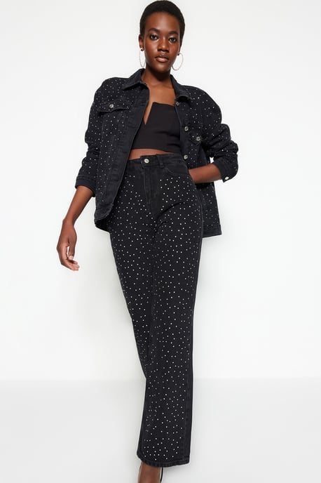 TRENDYOLMİLLA Damen Schwarz Einfarbig Weites Bein Hohe Taille Jeans - Image 3
