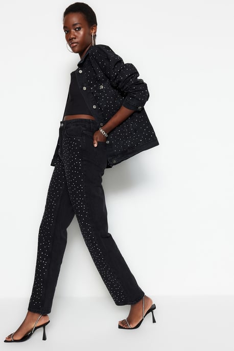 TRENDYOLMİLLA Damen Schwarz Einfarbig Weites Bein Hohe Taille Jeans - Image 4