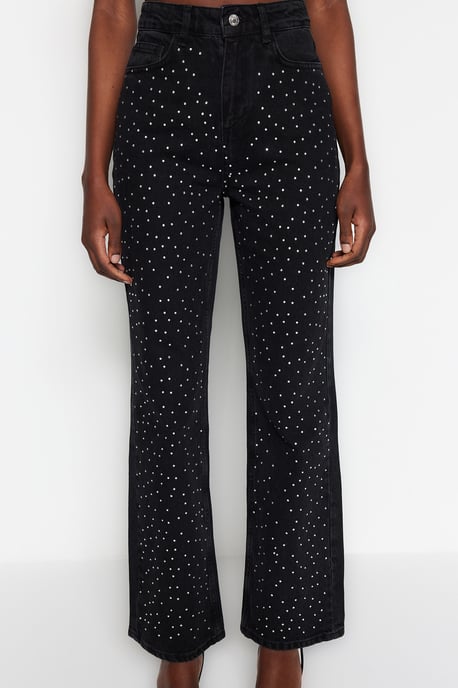 TRENDYOLMİLLA Damen Schwarz Einfarbig Weites Bein Hohe Taille Jeans - Image 5